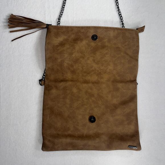 Charlie Paige Tan Vegan Leather Crossbody Purse Bag Boho with Tassel Chain Strap - Picture 4 of 7